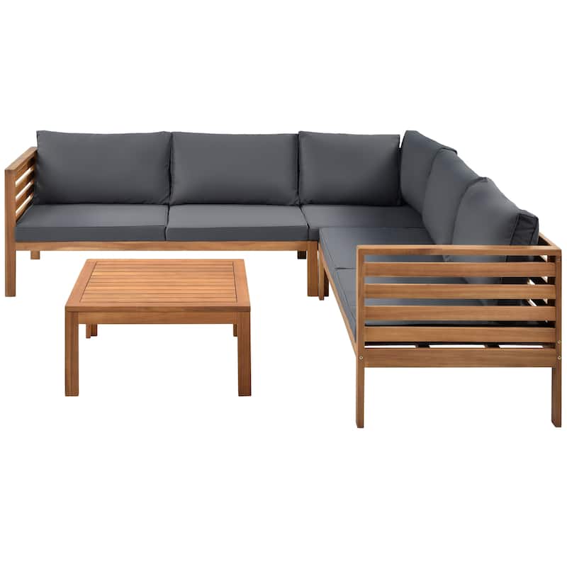 Roomfitters 3-Piece Outdoor Sectional Sofa Set with Coffee Table, Solid Wood Frame L-Shaped Patio Furniture