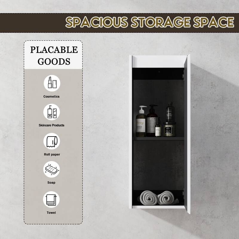 Modern Wall-Mounted Bathroom Side Cabinet with Soft-Close Doors, Floating Design, 6 Storage Compartments, 12-Inch Width