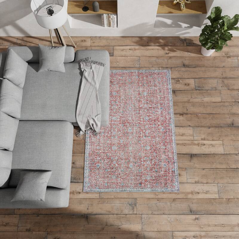 Vista Home Savannah Distressed Floral Red and Blue Area Rug