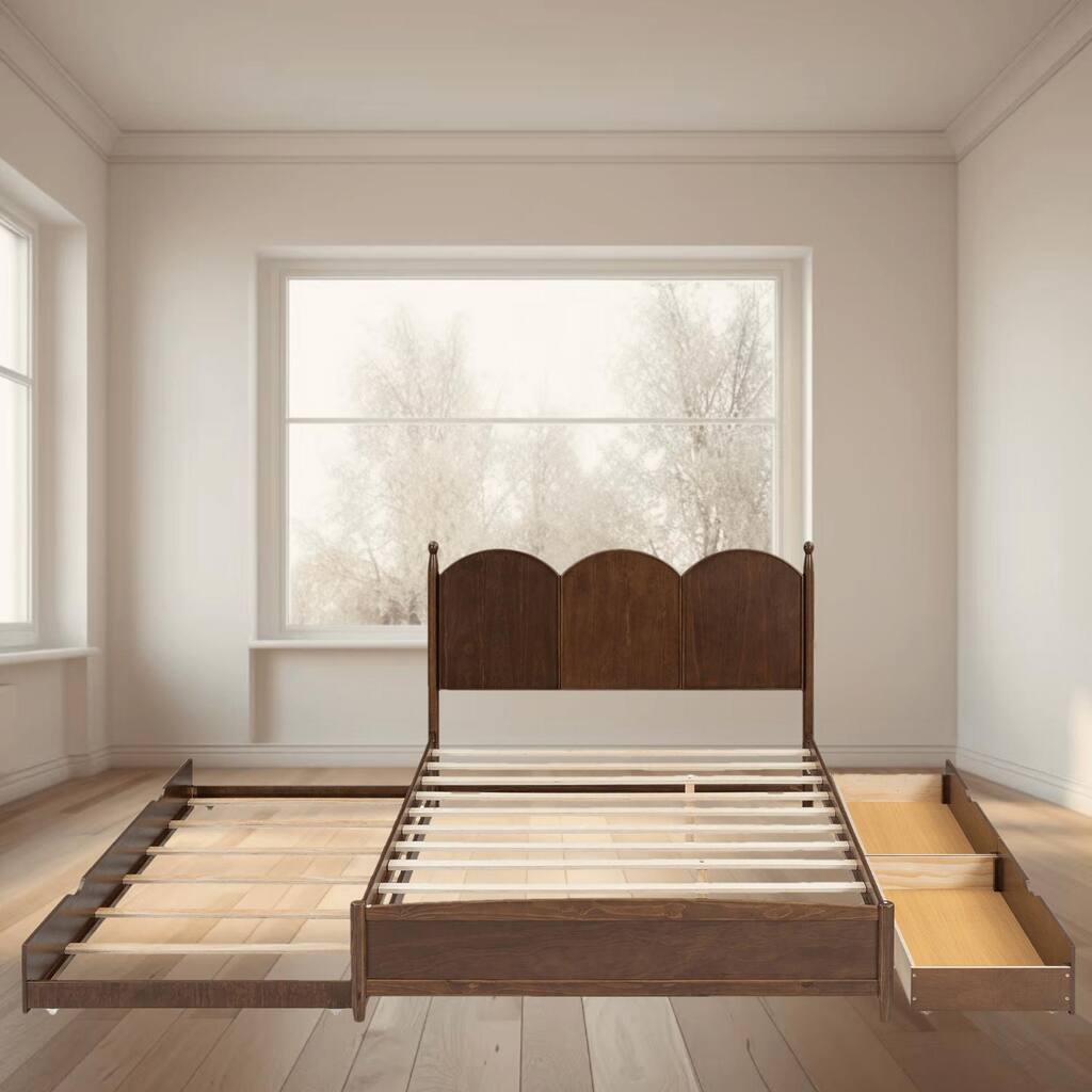 Queen Size Platform Bed with 2 Spacious Drawers and Twin XL Trundle, Ideal for Small Spaces, Maximizing Comfort and Storage