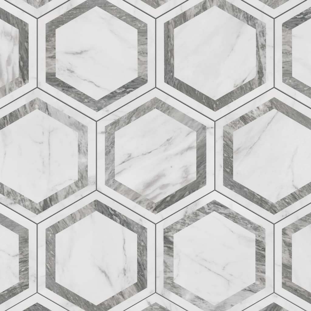 Merola Tile Marbilia Hex Venato Grey Geo with Biotech 11" x 13" Porcelain Floor and Wall Tile