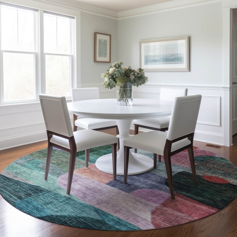 Machine Washable Indoor/ Outdoor Abstract Contemporary Chantille Rug - Green - 8' x 8'