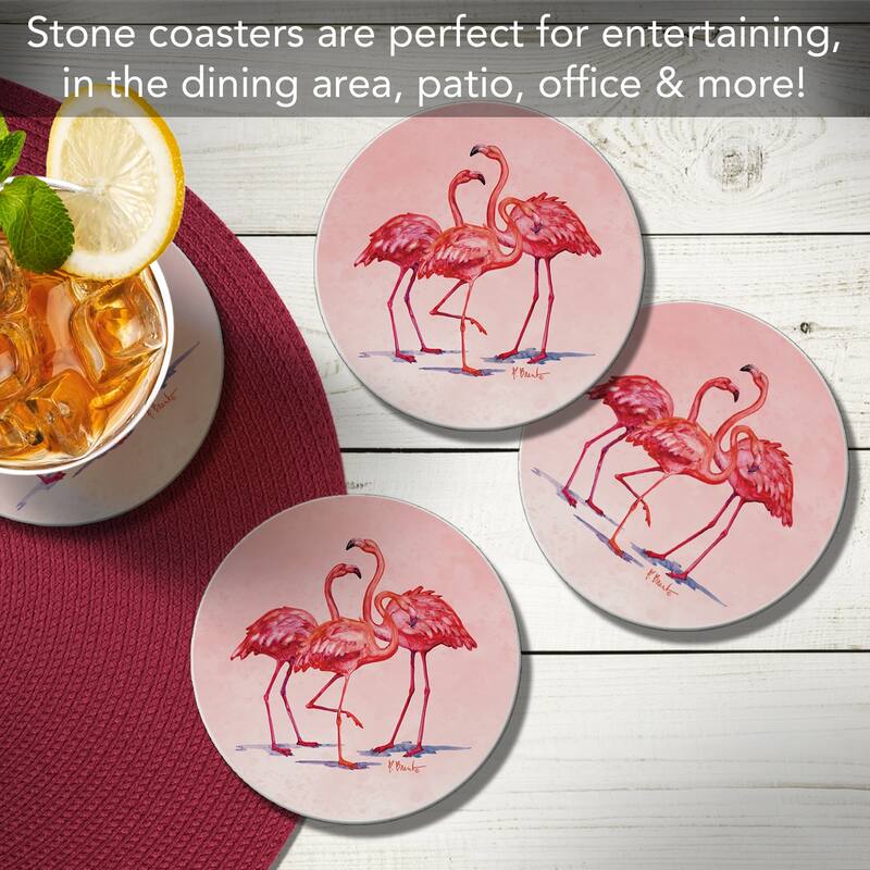 Hilo Flamingos 4 Pack Absorbent Stone Coasters with Protective Cork Backing Made in The USA Absorbent Easily Wipes Clean