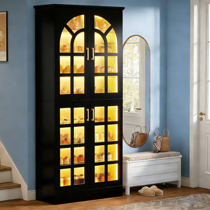 35 Pairs Tall Shoe Storage Cabinet with Doors, 8 Tiers Shoe Rack Organizer with LED Light and Adjustable Shelves for Entryway - Black(1-Piece)