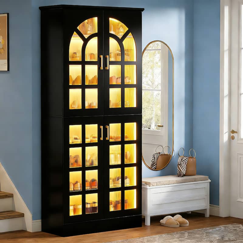 8-Tier Tall Shoe Storage Cabinet with Doors, Led Lights and Adjustable Shelves for Entryway, White