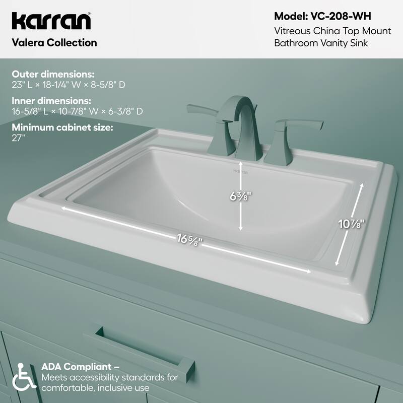 Karran Valera 23" Rectangular Top Mount Vitreous China Bathroom Sink in White