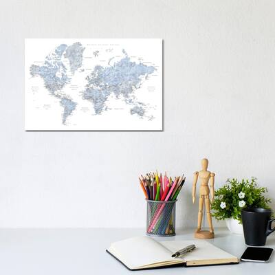 iCanvas "Labels In Spanish Blue And Grey World Map" by blursbyai Canvas Print