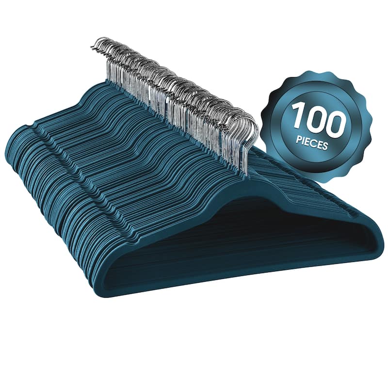 Elama Home 100Pc Velvet Slim Clothes Hangers w/ SS Swivel Hooks Blue