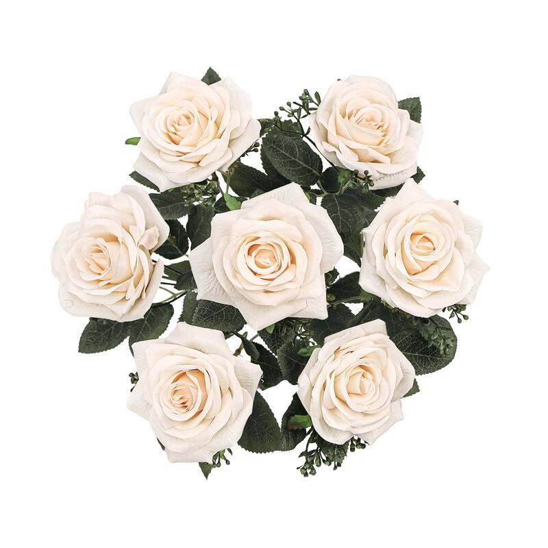 Set of 2 Champagne Artificial Queen Tea Rose Flower Stem Bush Bouquet 17in - 17" L x 9" W x 9" DP