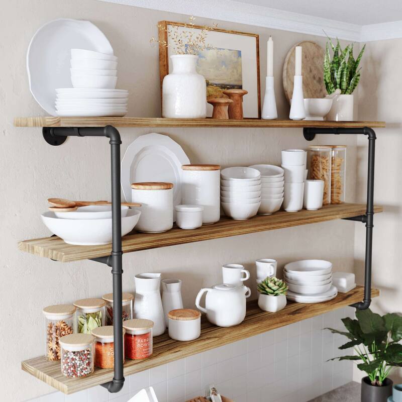 Wallniture 60"x 10" Pipe Shelves, Wood Shelving Unit, Wall Shelves for Books, Long Wall Shelf, Burnt, 3-Tier