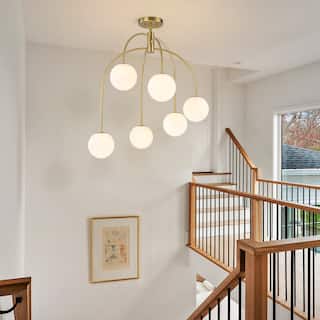 6-Light Brass Semi-Flush Mount Ceiling Light with Opal Glass Globe Shades - 27.2-in W x 32.3-in H