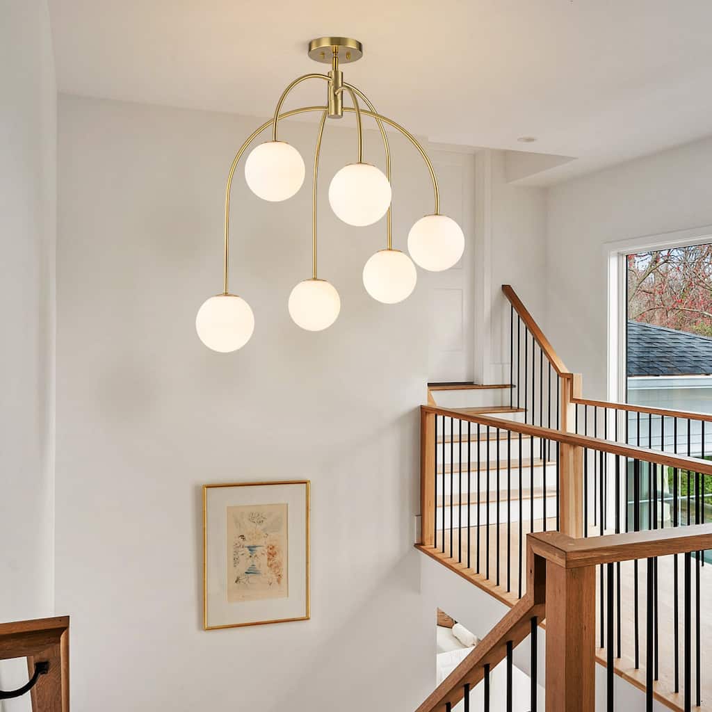 6-Light Brass Semi-Flush Mount Ceiling Light with Opal Glass Globe Shades - 27.2-in W x 32.3-in H
