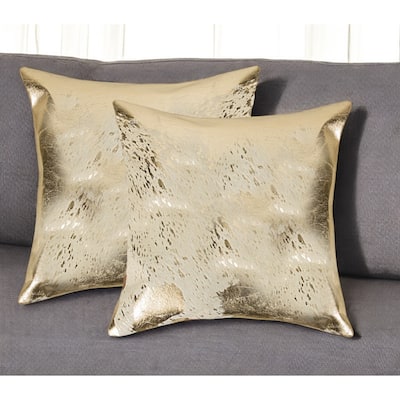 Set of Two 18" Natural and Gold Abstract Cowhide Throw Pillows with Glitter