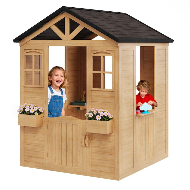 Wooden Adventure Cottage Playhouse for Kids with Working Door, Windows, Service Station, and Flower Pot Holders