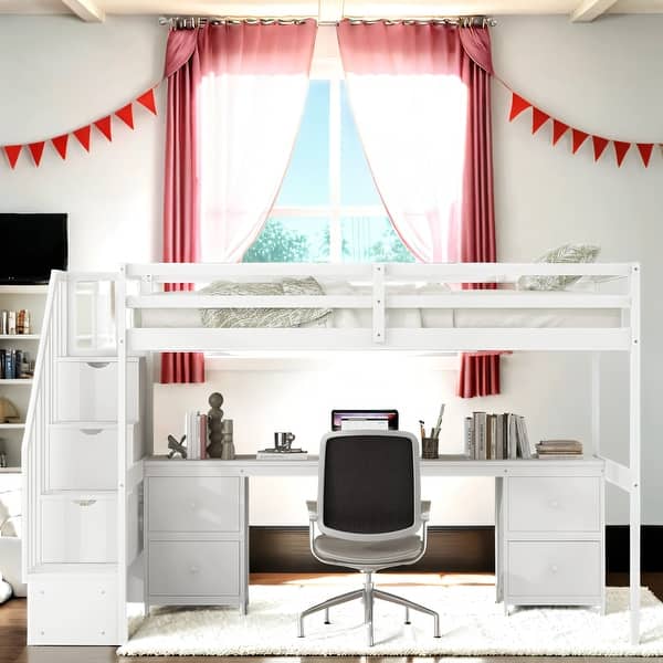 slide 2 of 24, Pine Wood Bunk Bed with Desk and Drawers, Loft Bed with Staircase White