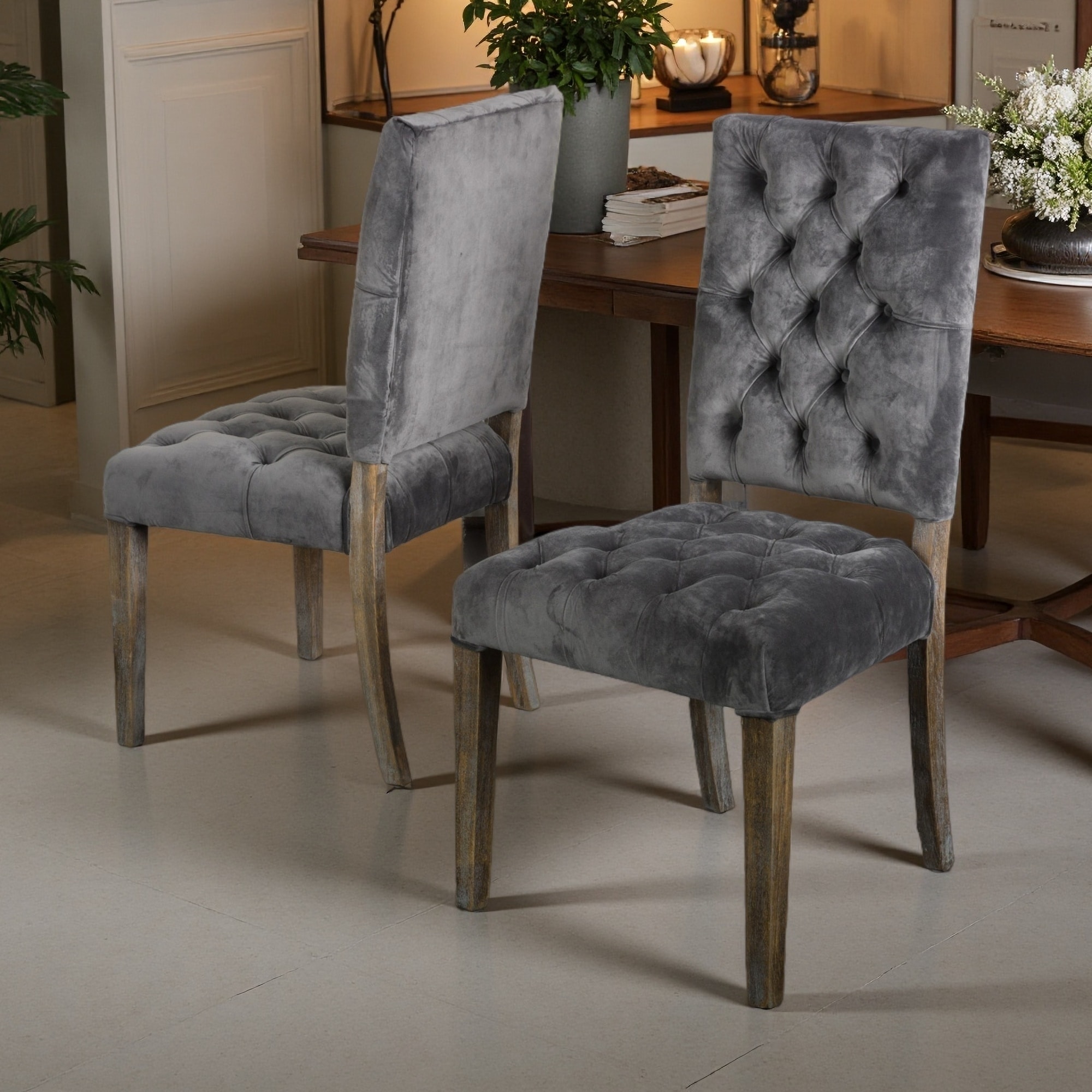 39.3"H Set of 2 Button-Tufted Upholstered Dining Chairs with Weathered Wood Legs