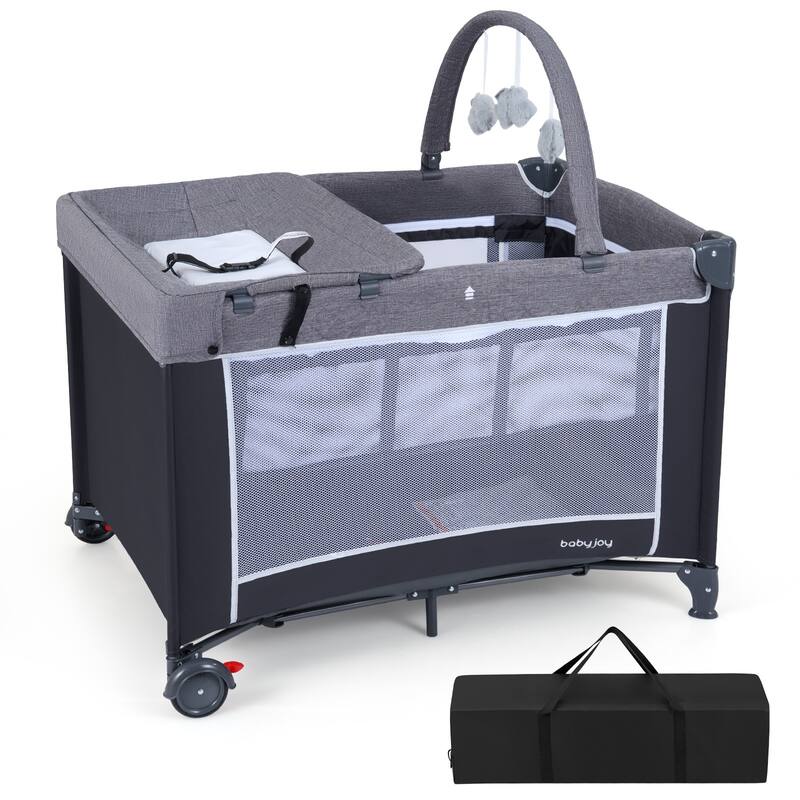 Gymax 3 in 1 Pack & Play w/ Toy Bar Diaper Changing Table w/ Safety - Grey