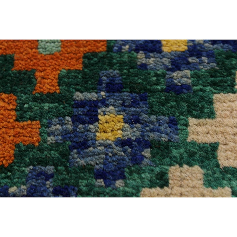 Modern Balochi Rice Green/Beige Hand Knotted Wool Rug - 4'11'' x 6'8''