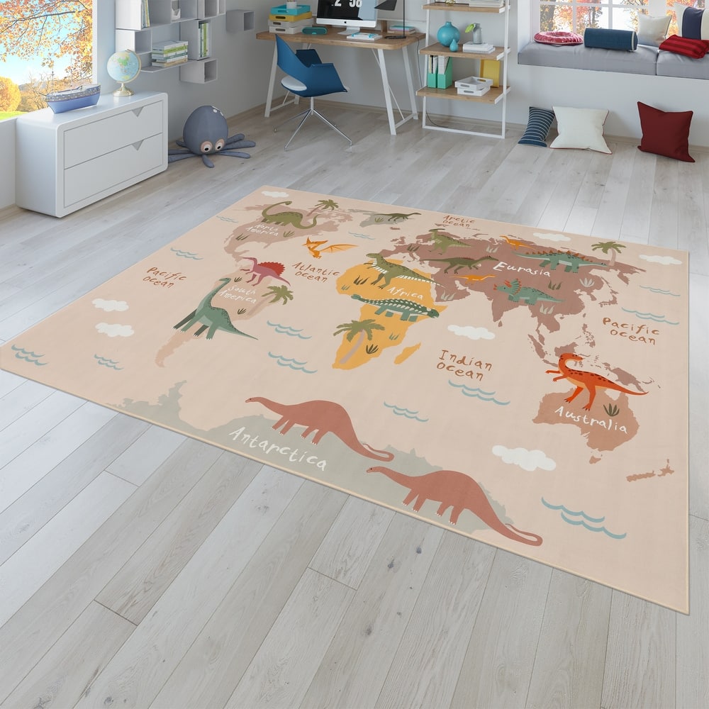 Kids Rug Play Mat with World Map & Dinosaurs in Beige