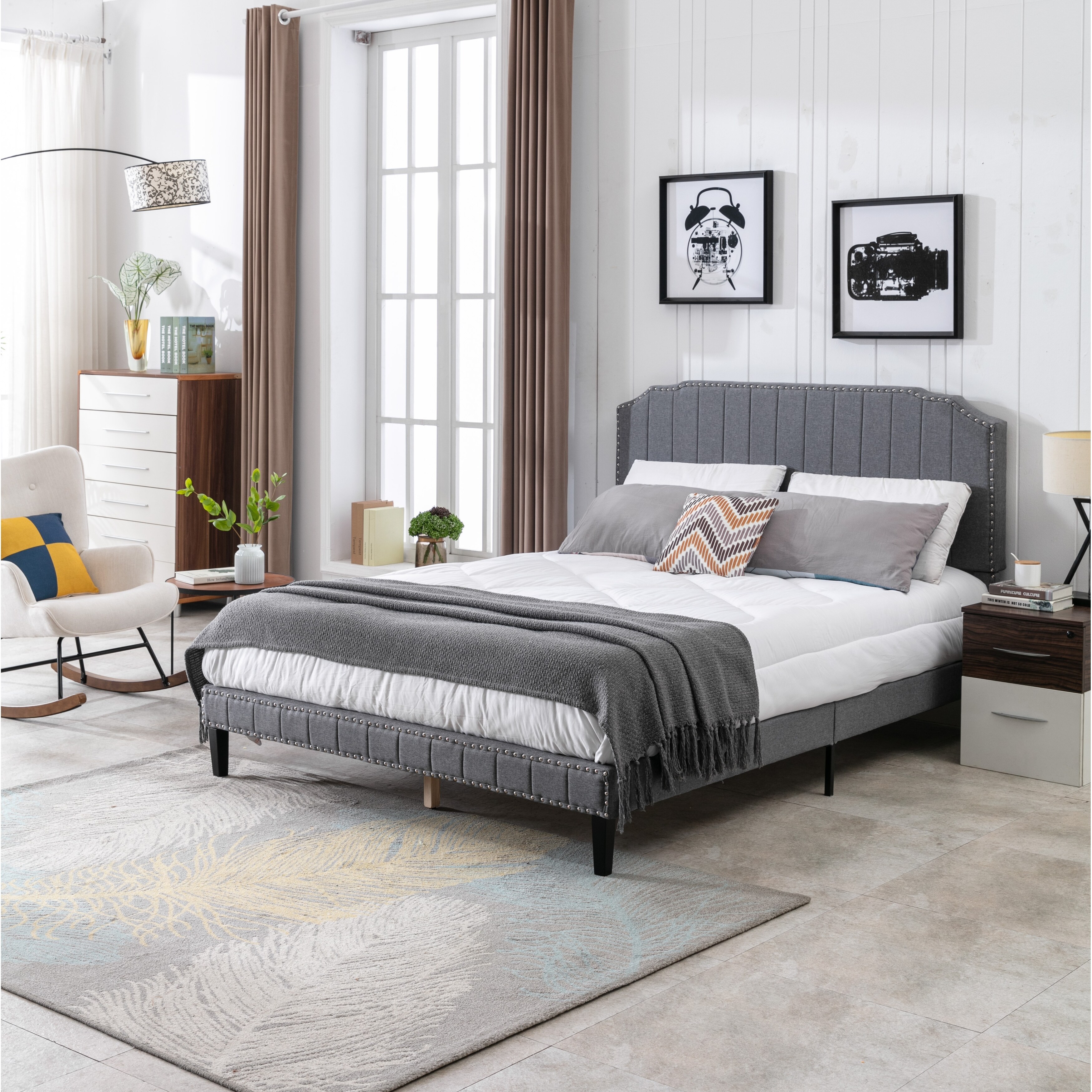 Queen size upholstered bed frame with hotsell wood slat platform headboard nailhead trim