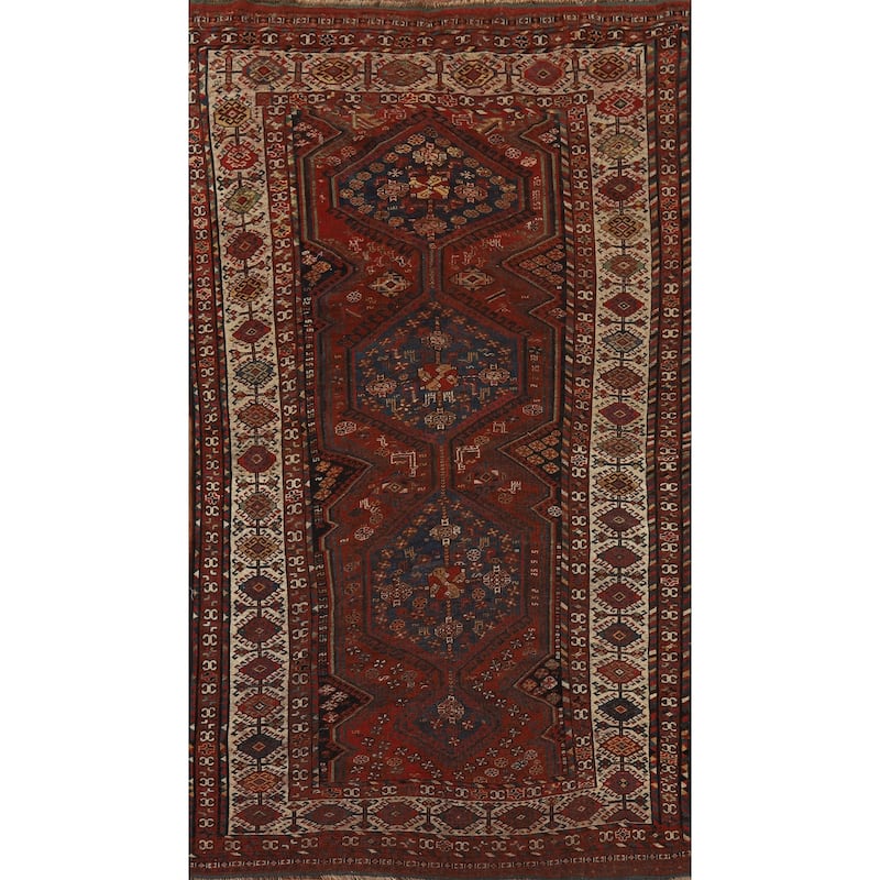 Pre-1900 Antique Vegetable Dye Qashqai Persian Orange Wool Carpet - 4'7" x 8'7"
