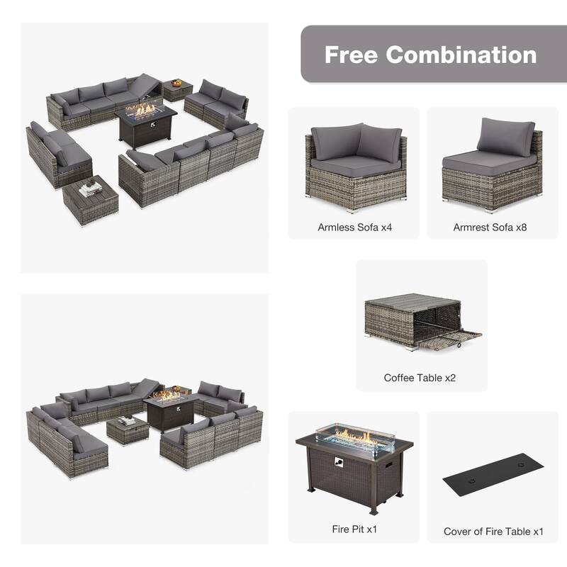 12-Person Patio Conversation Set with Fire Pit Table, All-Weather Wicker Outdoor Furniture