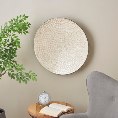 Cream Mother of Pearl Shell Round Disc Geometric Home Wall Decor with Black Frame
