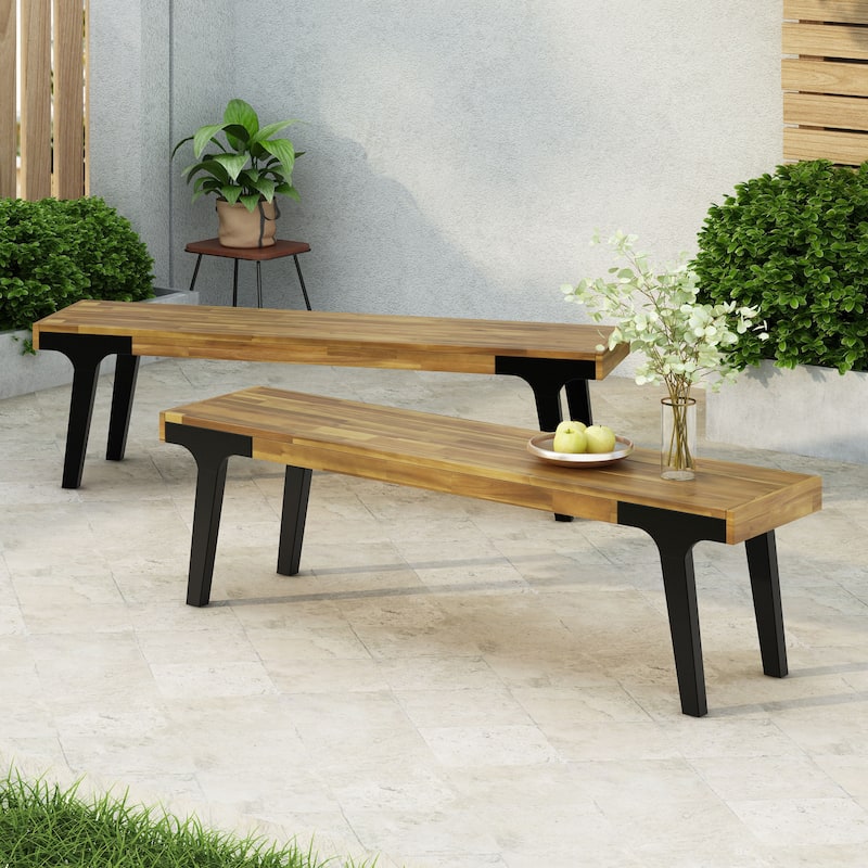 Harper Outdoor Modern Industrial Acacia Wood Dining Benches (Set of 2) by Christopher Knight Home - Teak finish+Black