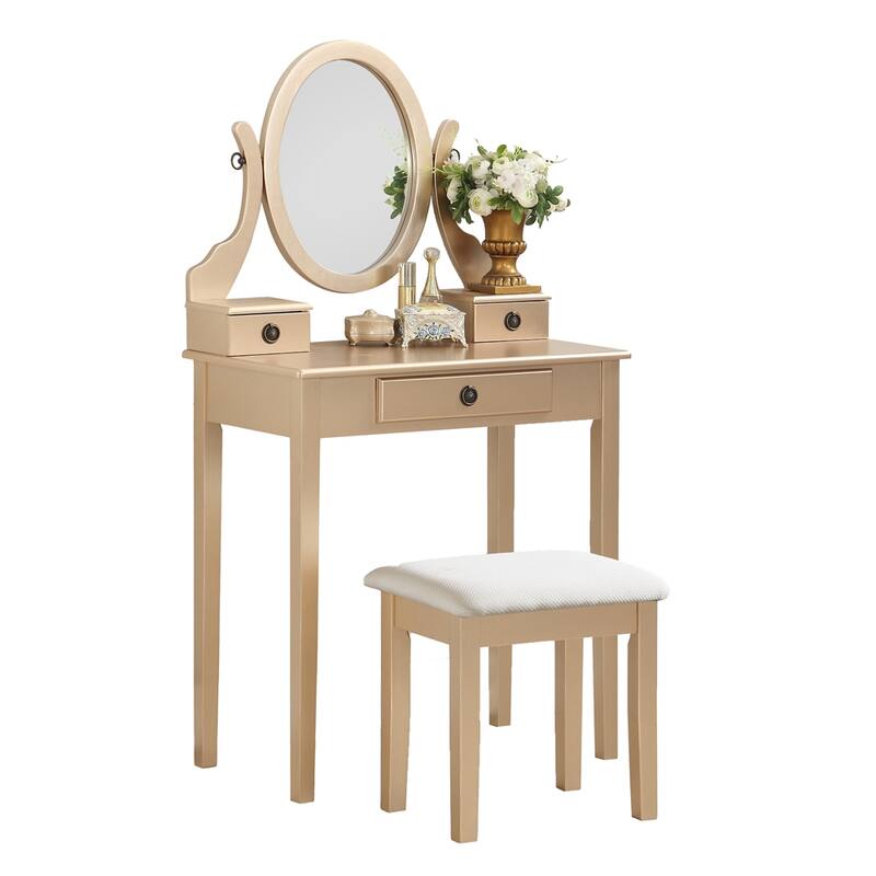 Wood Makeup Vanity Table and Stool Set with Swivel Adjustable Mirror - Gold