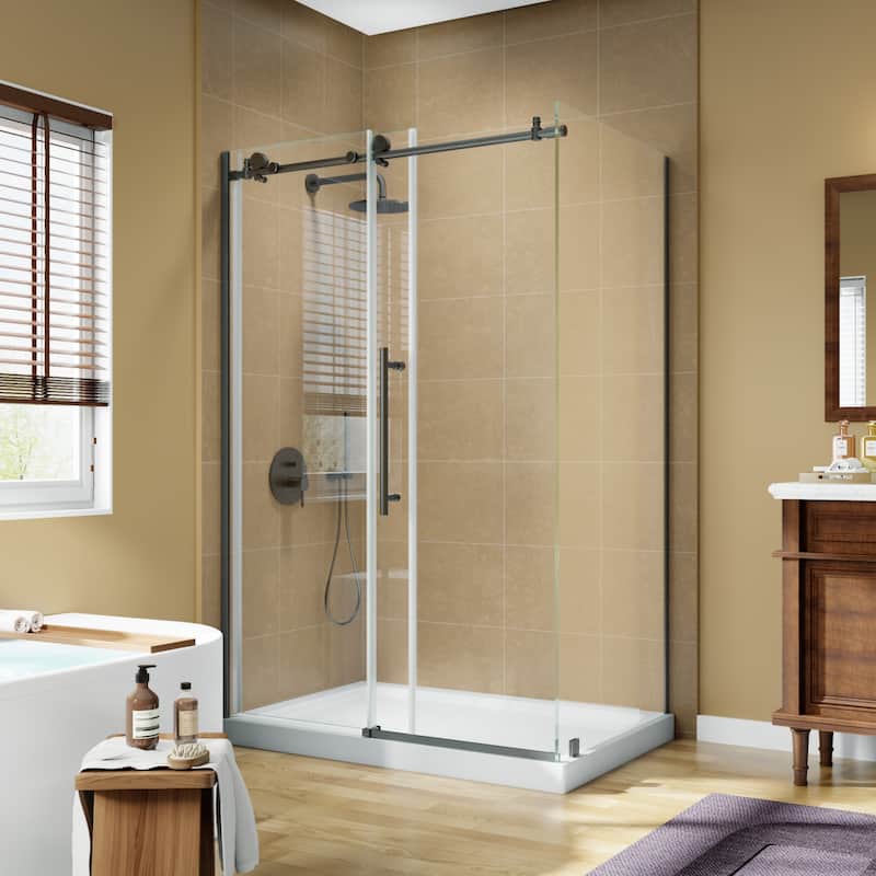 Modland 44-48" x 72'' Semi-Frameless Sliding Shower Enclosure - 3/8" SGCC Glass, Matte Black/Brushed Nickel