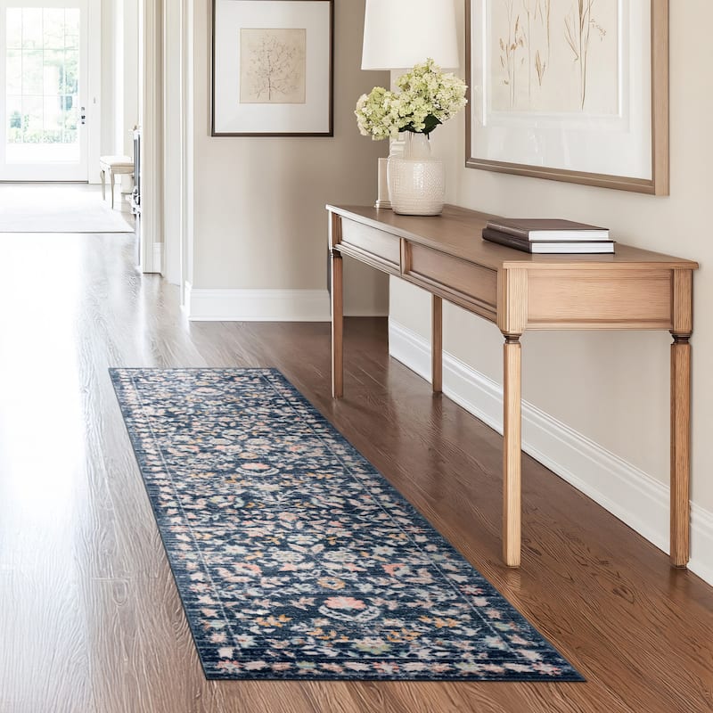 Crosswood Helen Traditional Floral Indoor Polyester Area Rug - 2'3'' x 7'7'' - Navy/Aqua