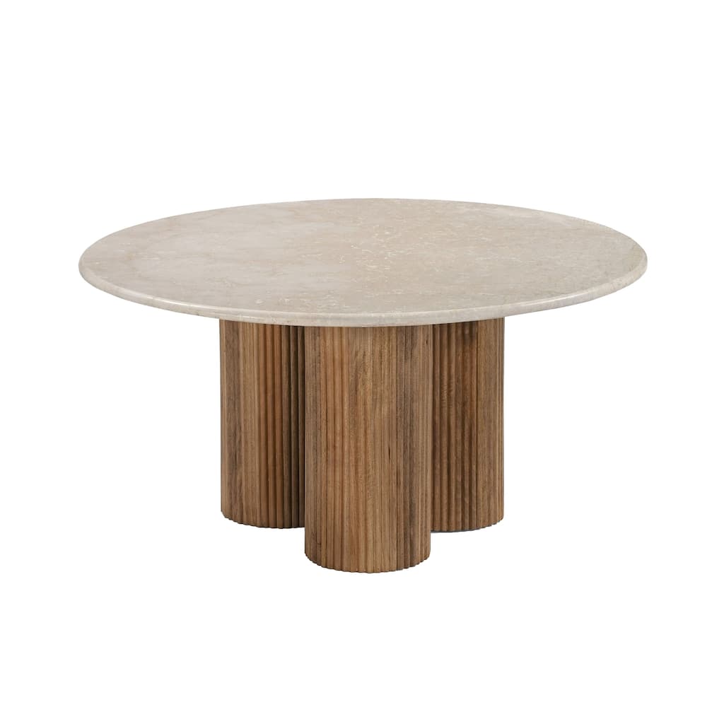 Cid Den Coffee Table, Brown Wood, Round Botticino Marble Top, 27 Inch