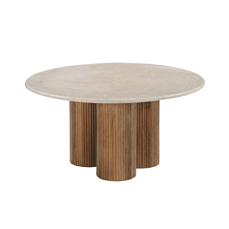 Cid Den Coffee Table, Brown Wood, Round Botticino Marble Top, 27 Inch