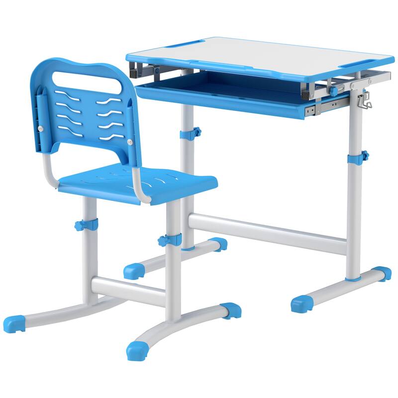 Height Adjustable Children School Study Desk with Tilt Desktop, Storage Drawer, Pen Slot, Hook, Ergonomic Table and Chair Set