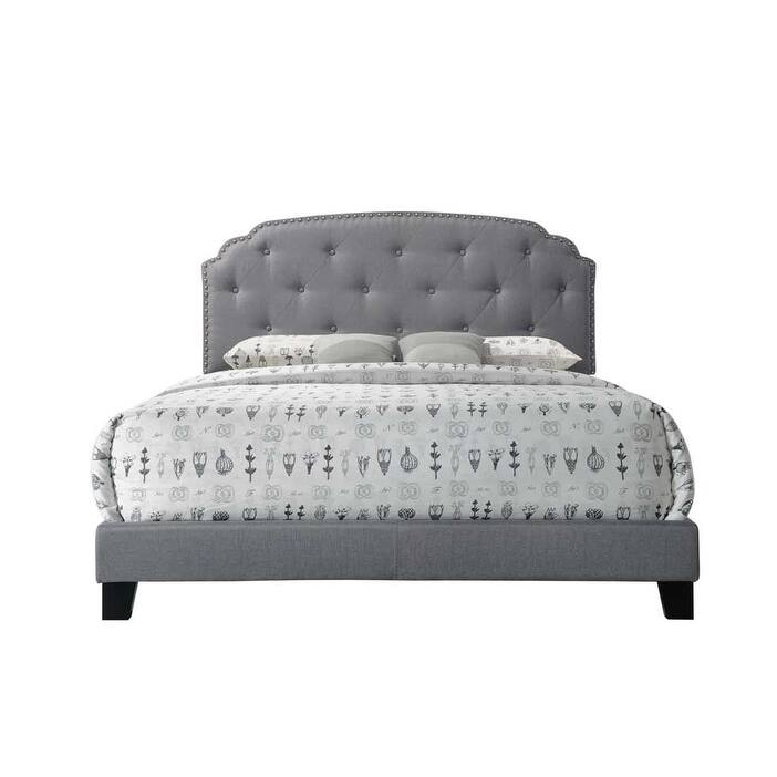 Gray Queen Size Platform Bed with Headboard Features Nailhead Trim for Bedroom