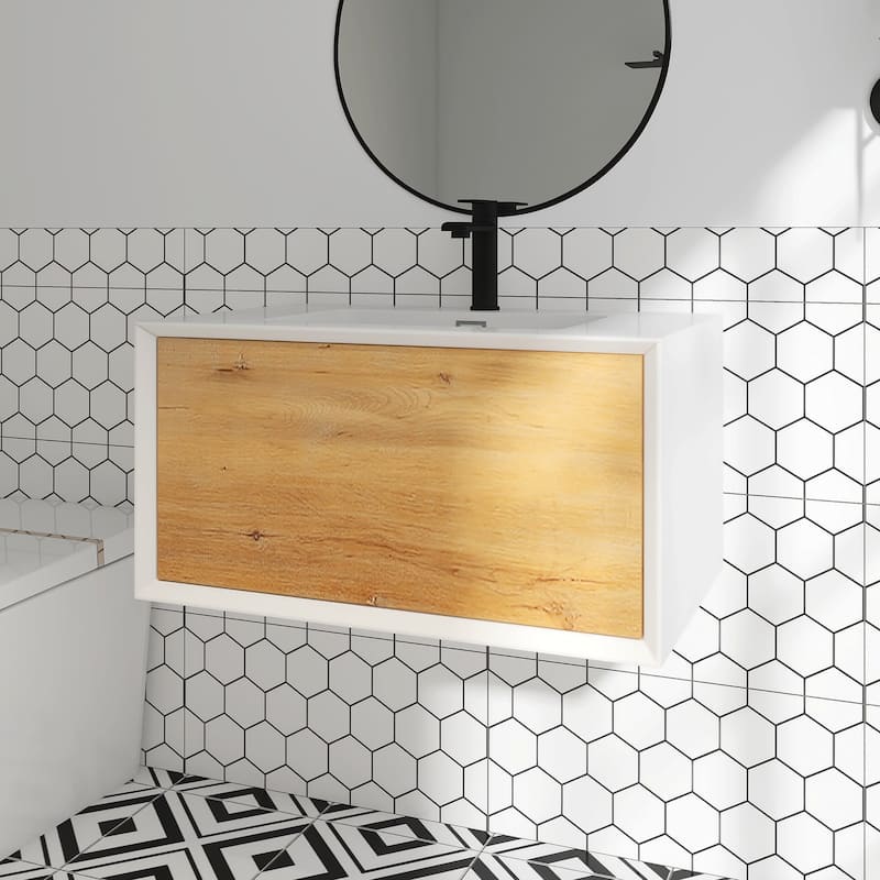 Wall-Mounted 1-drawer Bathroom Vanity Set in White and Oak with Integrated Solid Surface Sink