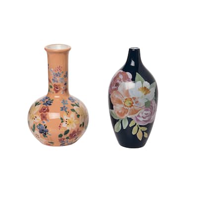 Transpac Dolomite 8 in. Multicolor Spring Floral Boutique Vase Set of 2
