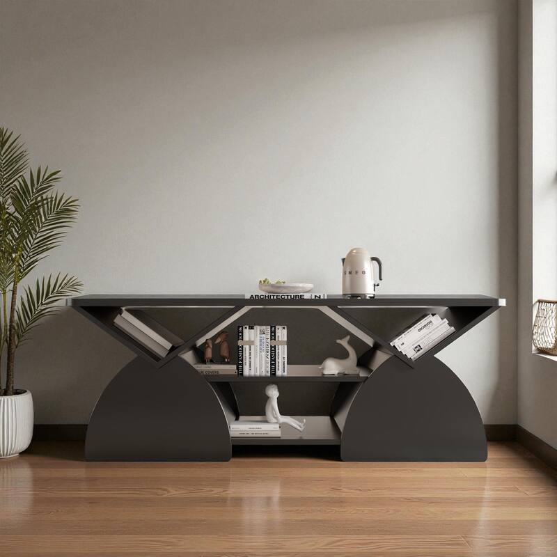 47.2'' Modern Engineered Wood Coffee Table with Open Storage Shelves, Rounded Corners & Sturdy Frame for Living Room