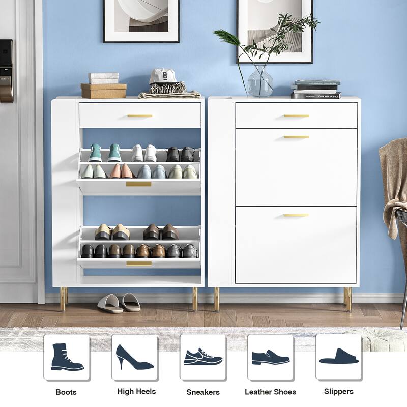 Anmytek Modern White Shoe Storage Cabinet 16 Pairs Slim Shoe Rack Organizer with 2 Flip Drawers - 29.5"W x 9.4"D x 41.3"H