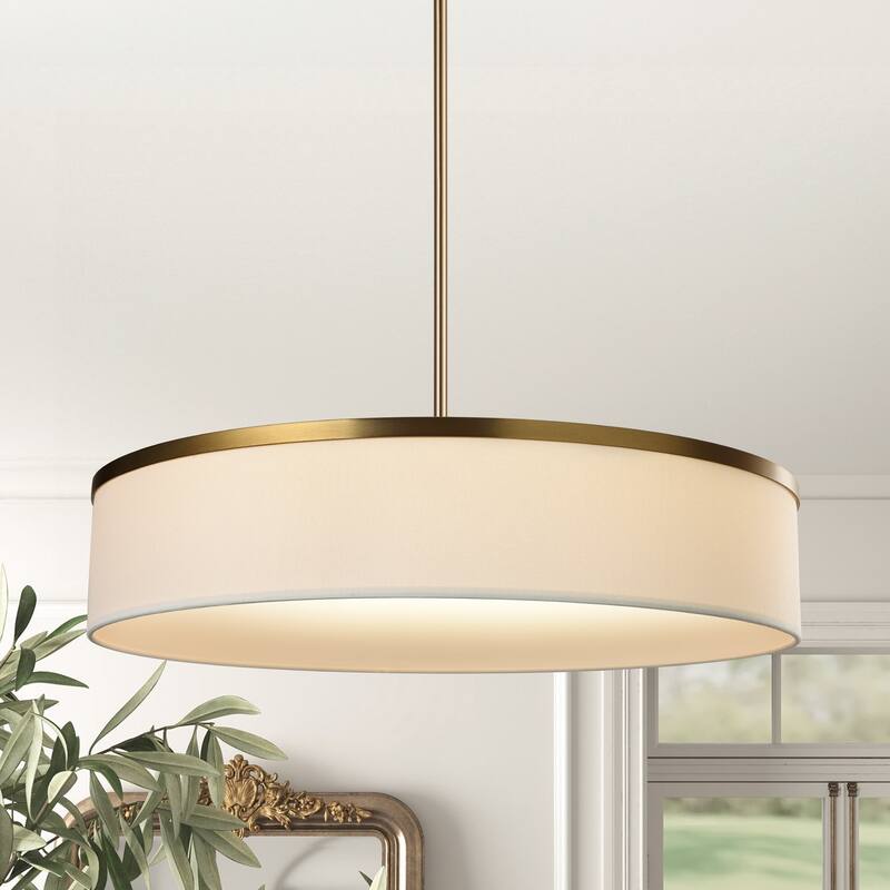 Farmhouse Drum Chandelier Integrate LED Ceiling Pendant w Fabric Shade - 19.6inch/32W - Gold/Fabric Shade