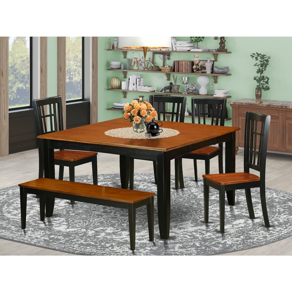 HomeStock 6-Piece Square Black & Cherry Finish Solid Wood Top dining Table with 1-Bench and 4-Chairs with Lattice Back