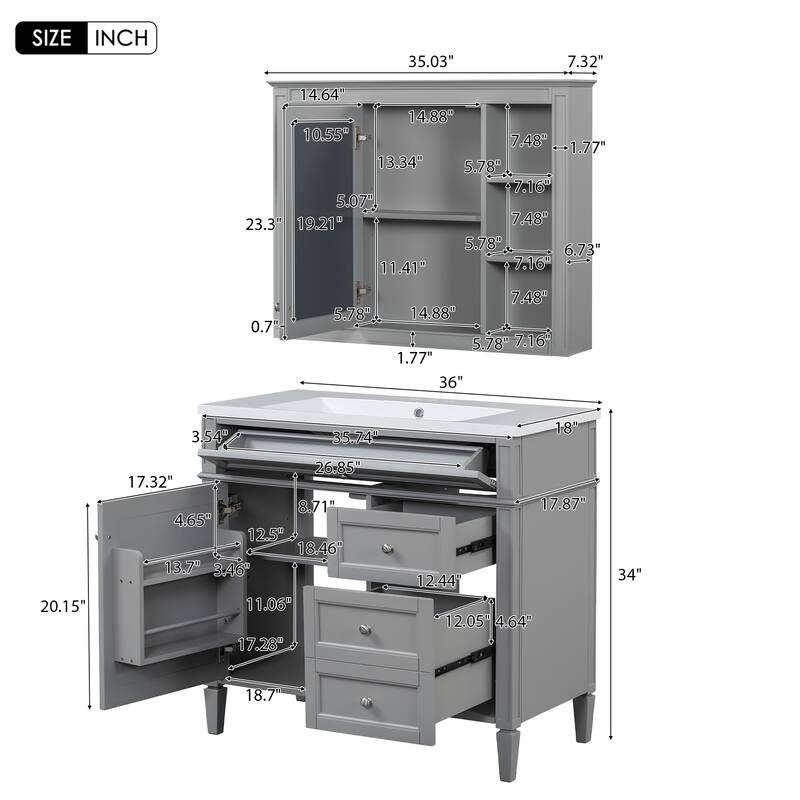 Freestanding Bathroom Vanity & Wall Mounted Mirror Cabinet Set with Resin Sink, Open Shelves, Drawers and Adjustable Shelves
