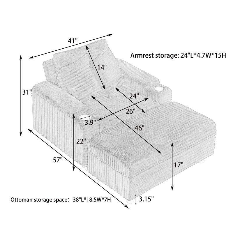 Black Corduroy Single Sofa with Storage and Pillows, 57x41x31 inches