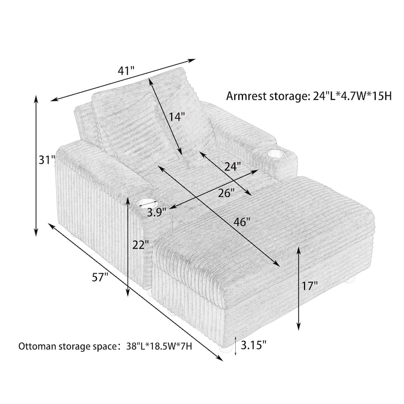 Corduroy Accent Chair & Storage Ottoman Set of 2, Single Sofa Armchair Lounge Chair with Pillows & Cup Holders