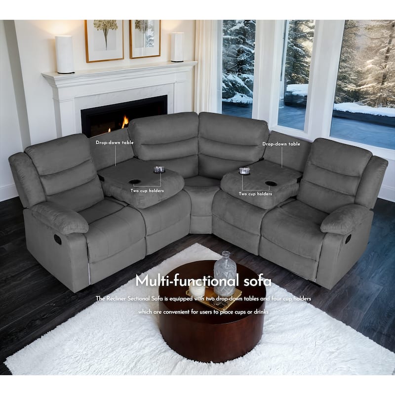 Recliner and Sectional Sofa Set, Suede 6-Piece Manual Reclining Sectional Sofa Set with Dropdown Table