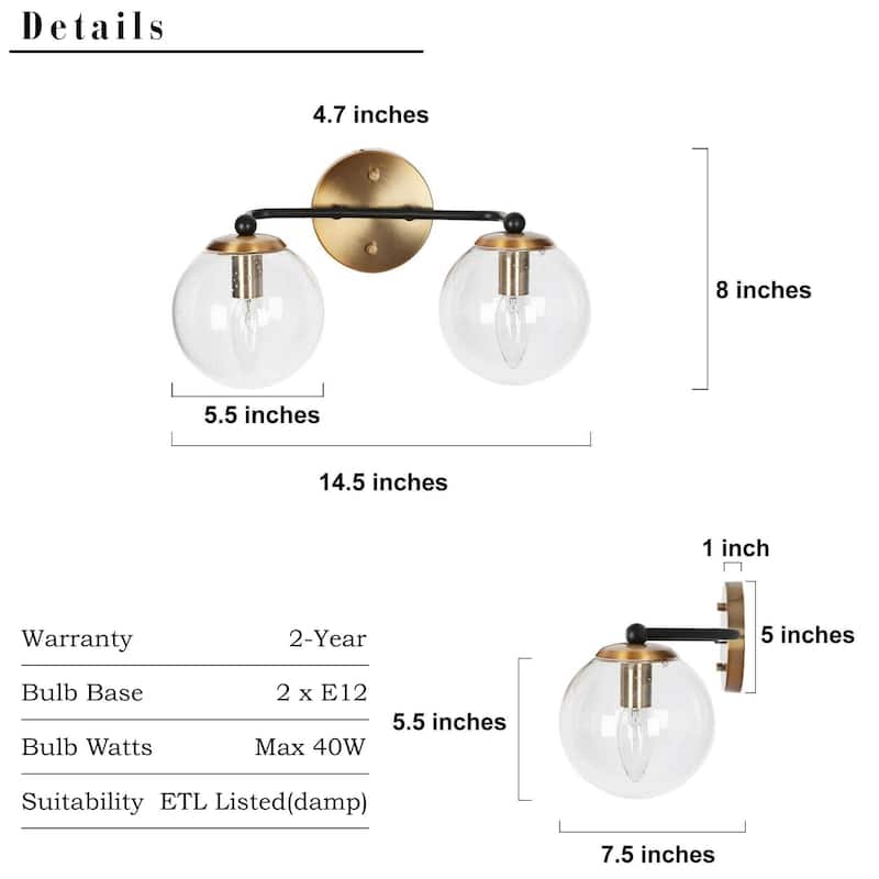 Modern 2/3 Light Black Gold Bathroom Vanity Lights Over Mirror Dual Globe Seeded Glass Wall Sconces Fixture for Bathroom