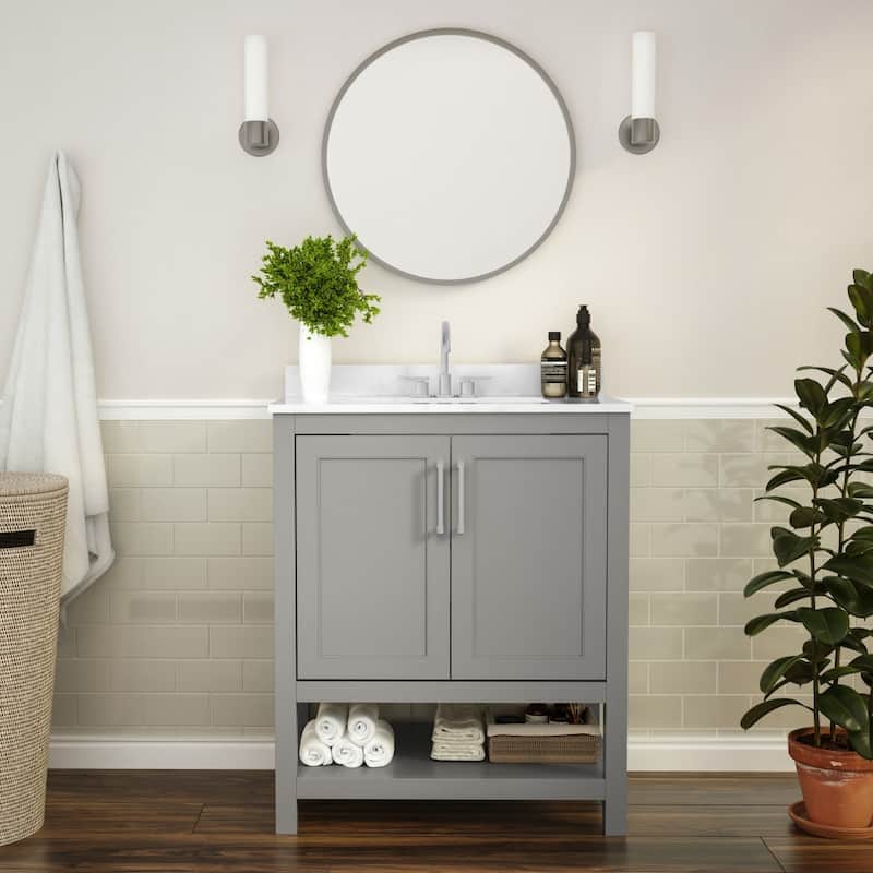 Bathroom Vanity with Undermount Sink and Open Storage Shelf - 30 Inch - Gray Frame / Nickel Hardware