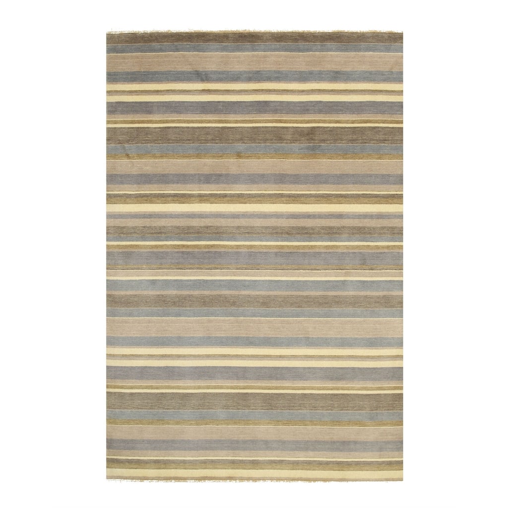 Light Blue/Cream Handmade Wool Transitional Striped Rug, 4' x 6' - Soft striped wool rug with modern charm. - N/A