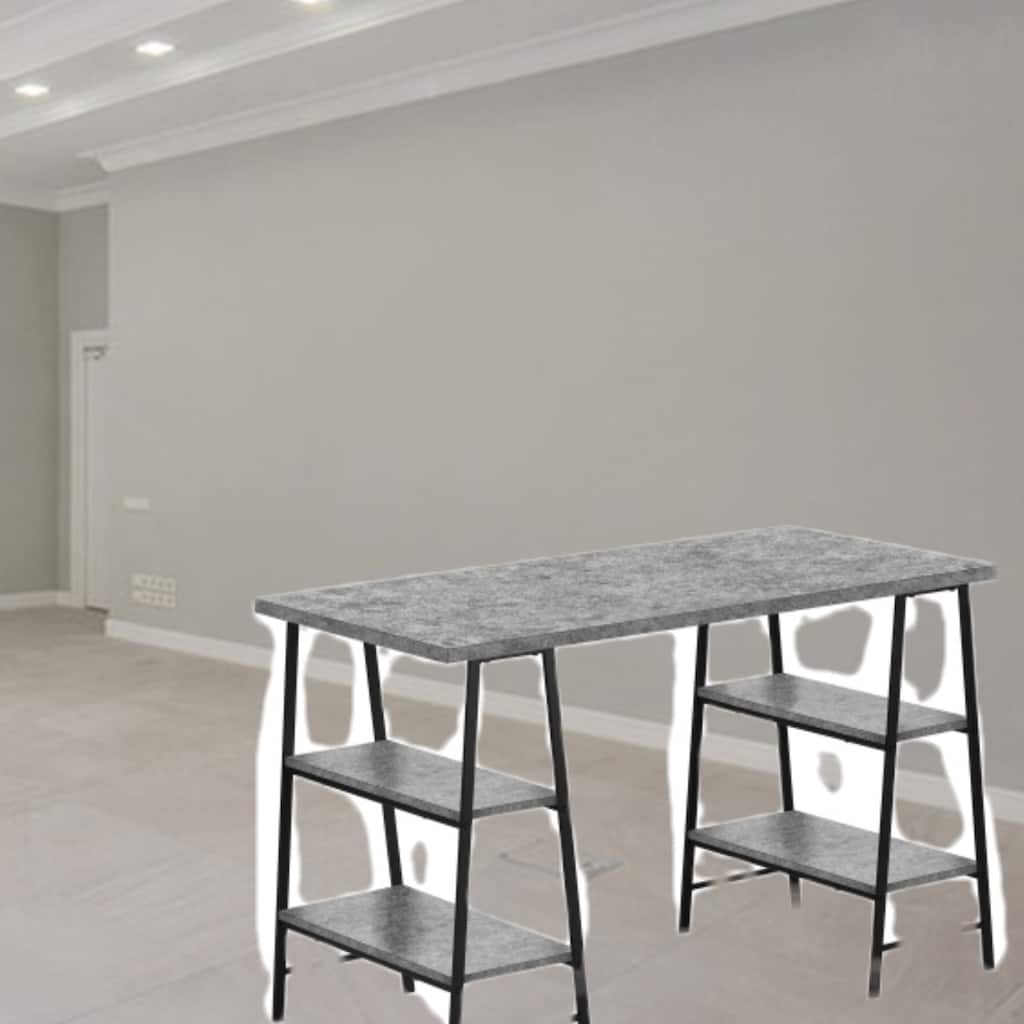 Contemporary 48" Computer Desk with 4 Open Shelves and Metal Base, Space-Saving Writing Desk for Home Office