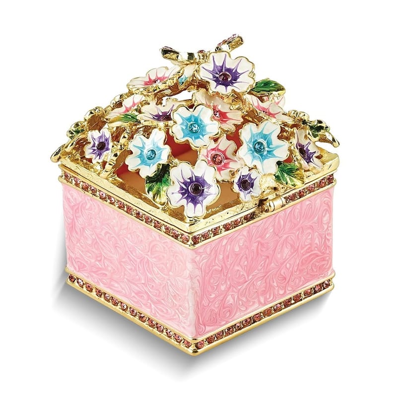 Curata Pewter Crystals Gold-Tone Enameled Hello Spring Flowers Butterfly Ring Holder Trinket Box on 18 Inch Necklace
